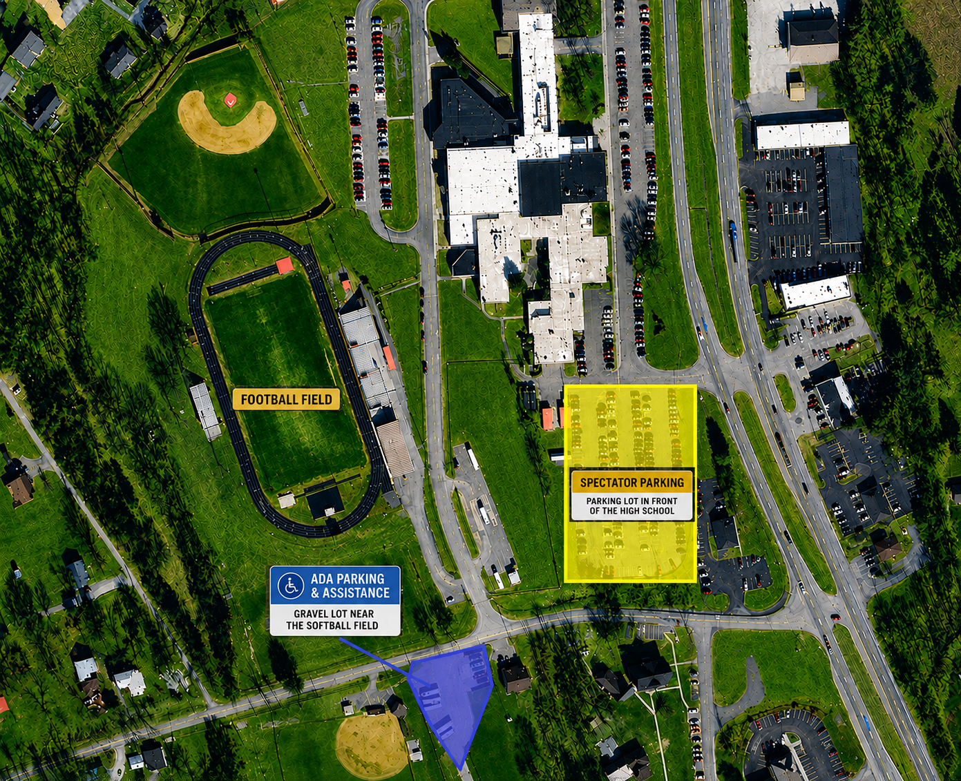 Aerial map showing spectator parking in front of Lord Botetourt High School and ADA parking in the gravel lot near the softball field.